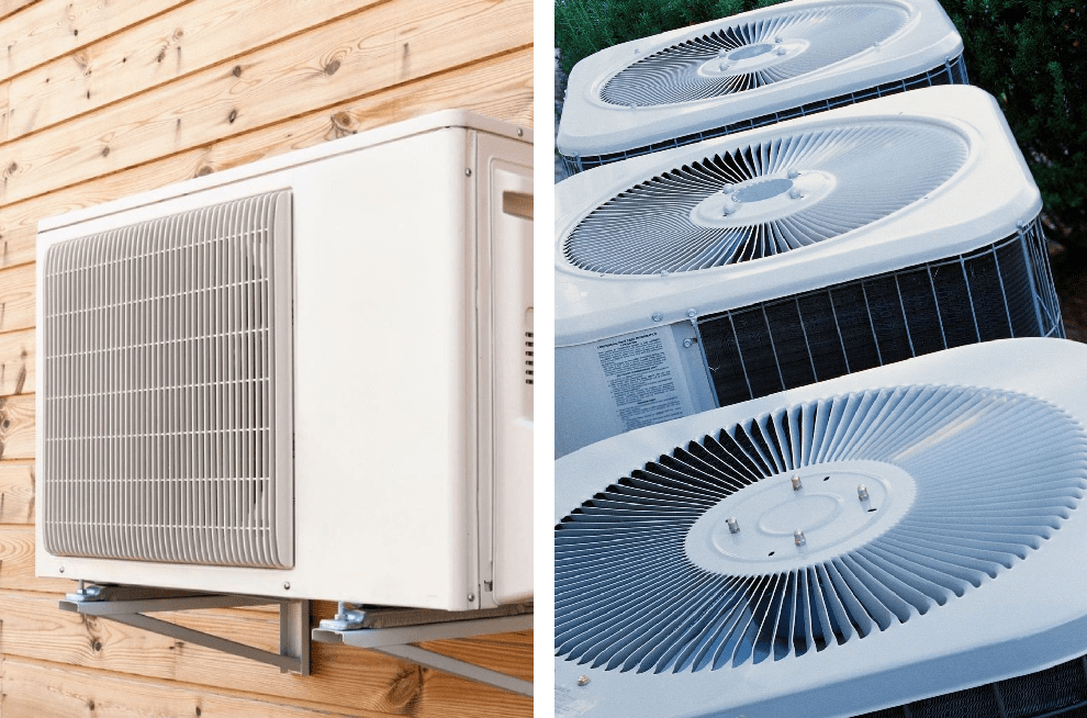 A split photo of an air conditioner and three fans.
